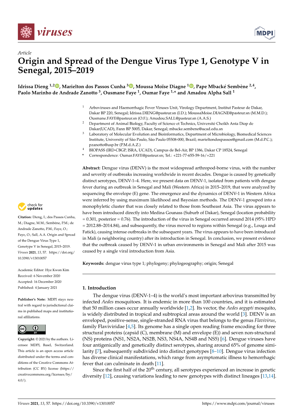 Origin and Spread of the Dengue Virus Type 1, Genotype V in Senegal, 2015–2019