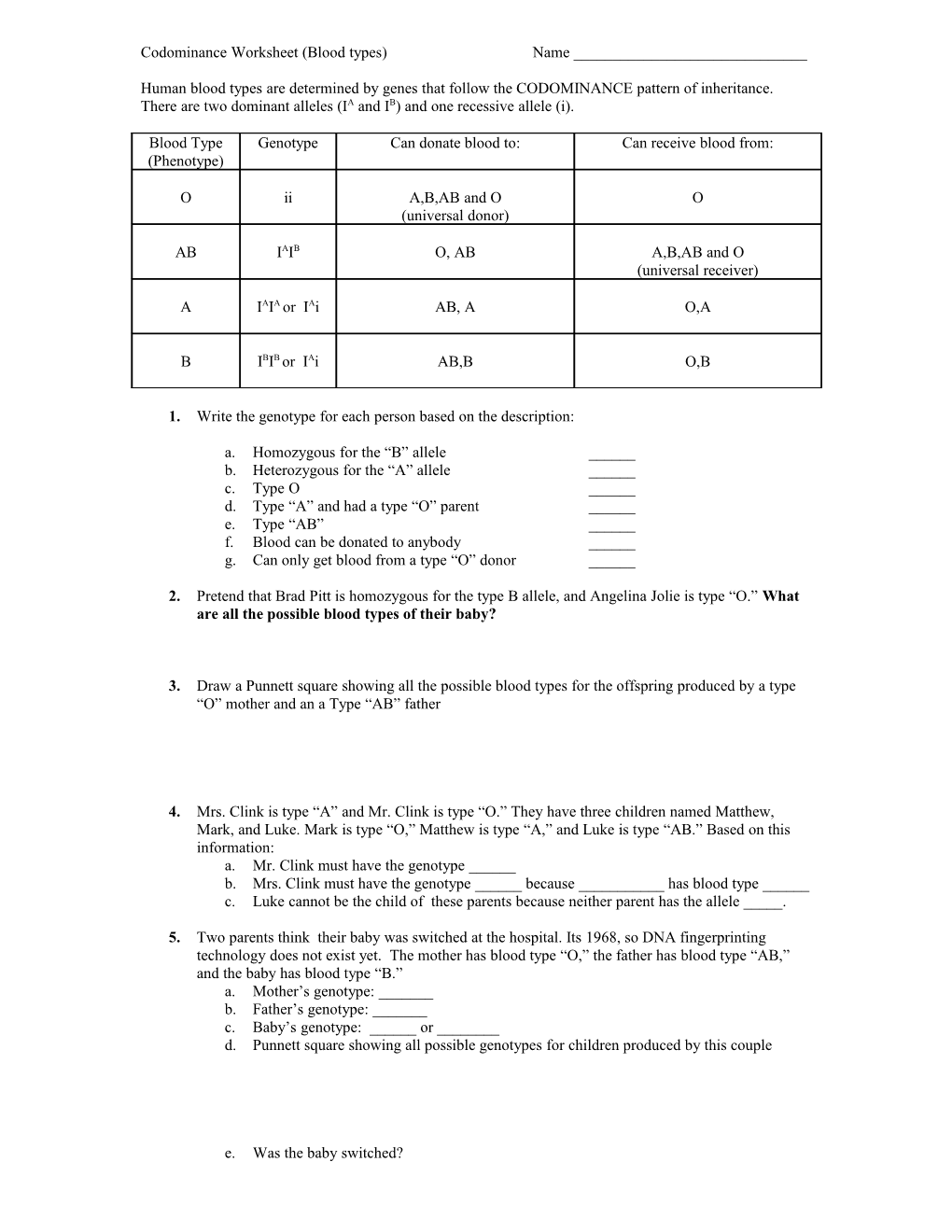 Codominance Worksheet (Blood Types) Name ______