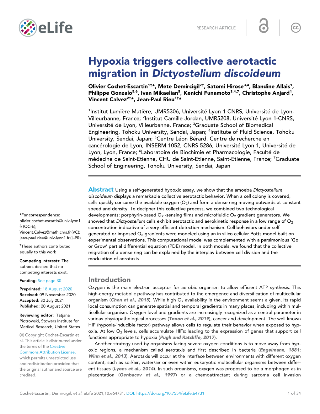 Hypoxia Triggers Collective Aerotactic Migration in Dictyostelium Discoideum