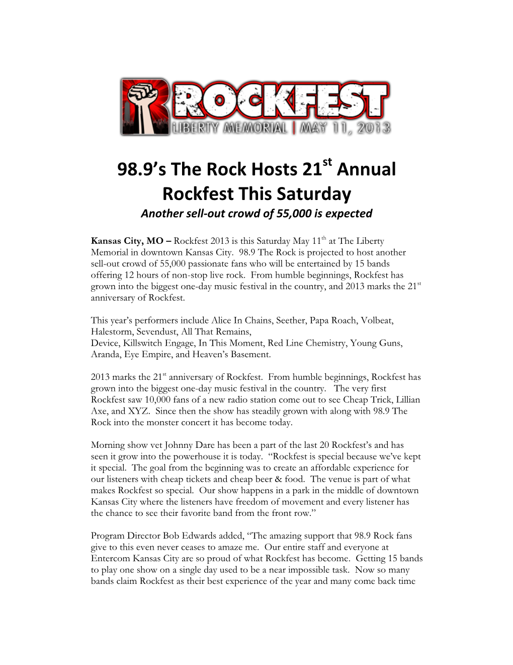 98.9'S the Rock Hosts 21 Annual Rockfest This Saturday