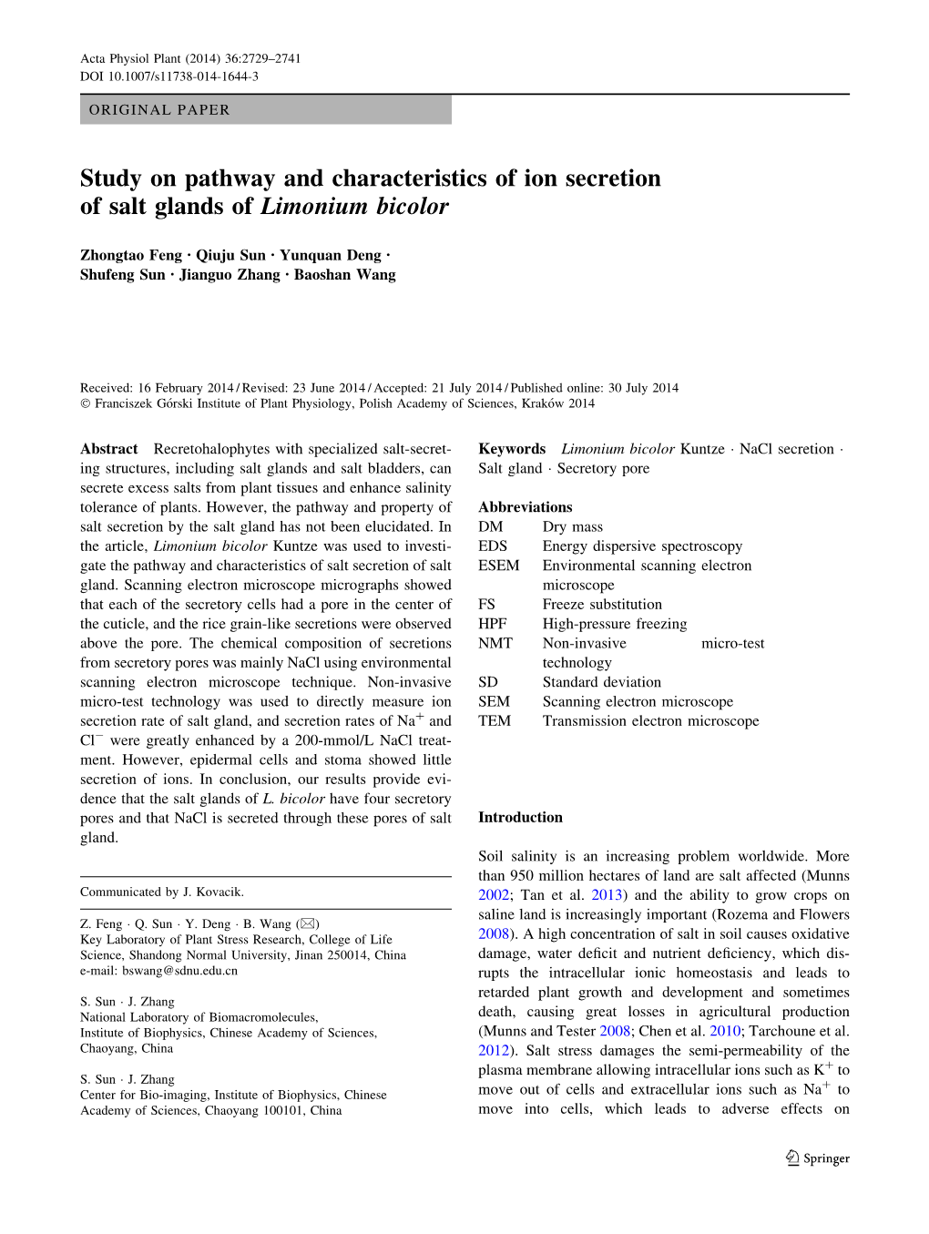 Study on Pathway and Characteristics of Ion Secretion of Salt Glands of Limonium Bicolor