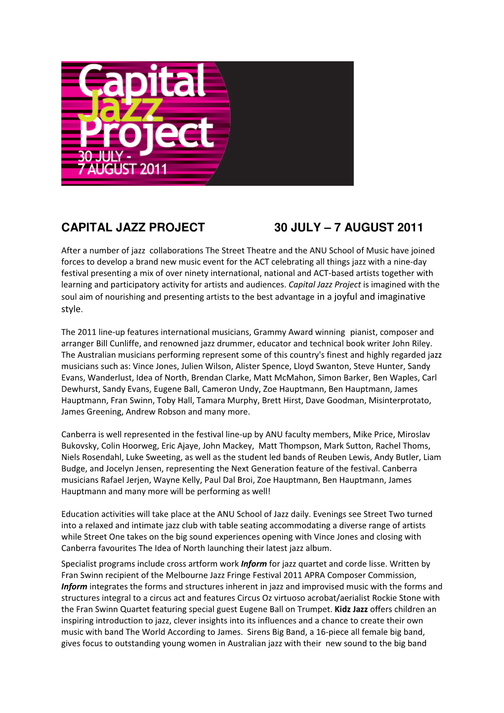 Capital Jazz Project 30 July – 7 August 2011