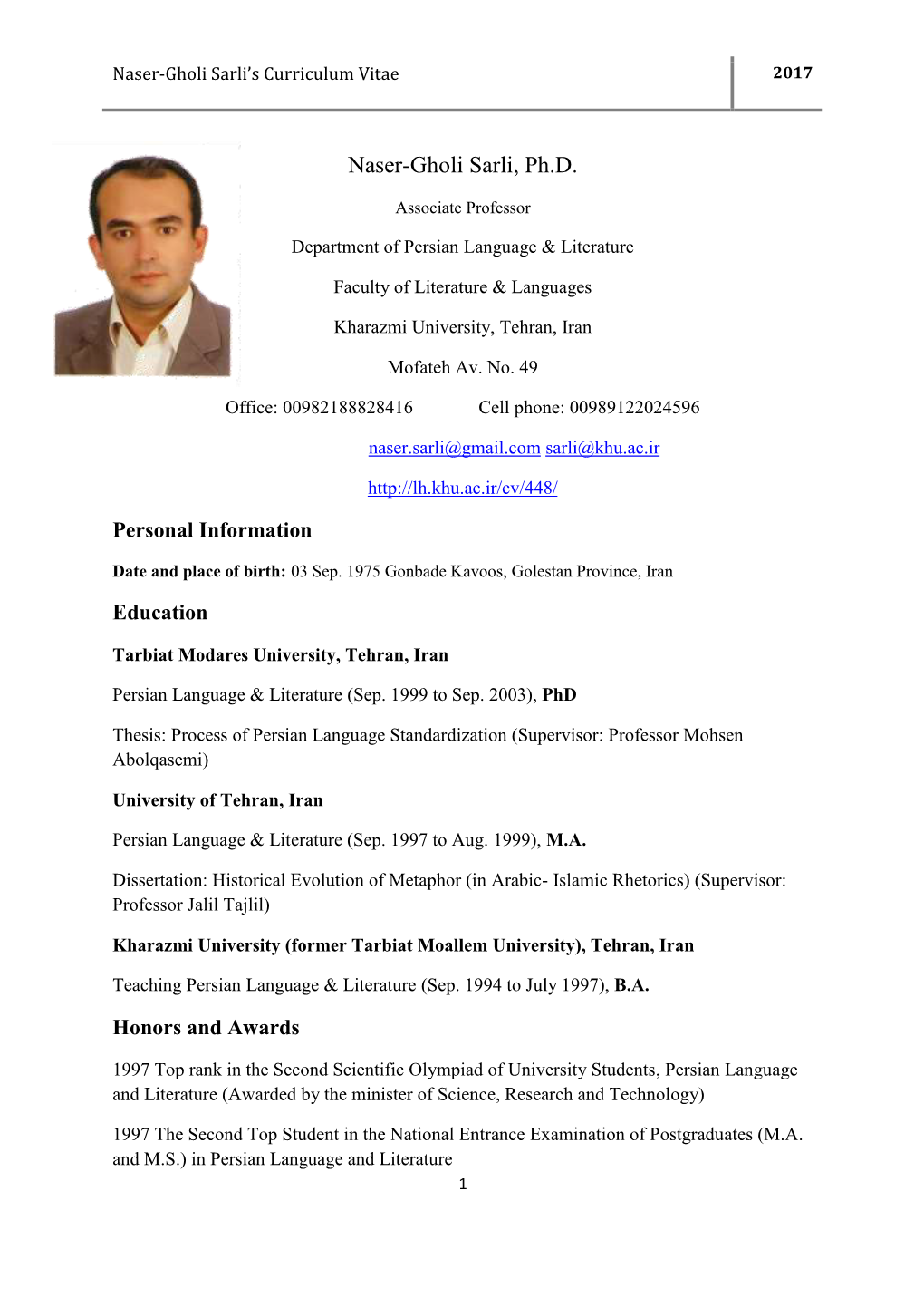 Naser-Gholi Sarli's Curriculum Vitae