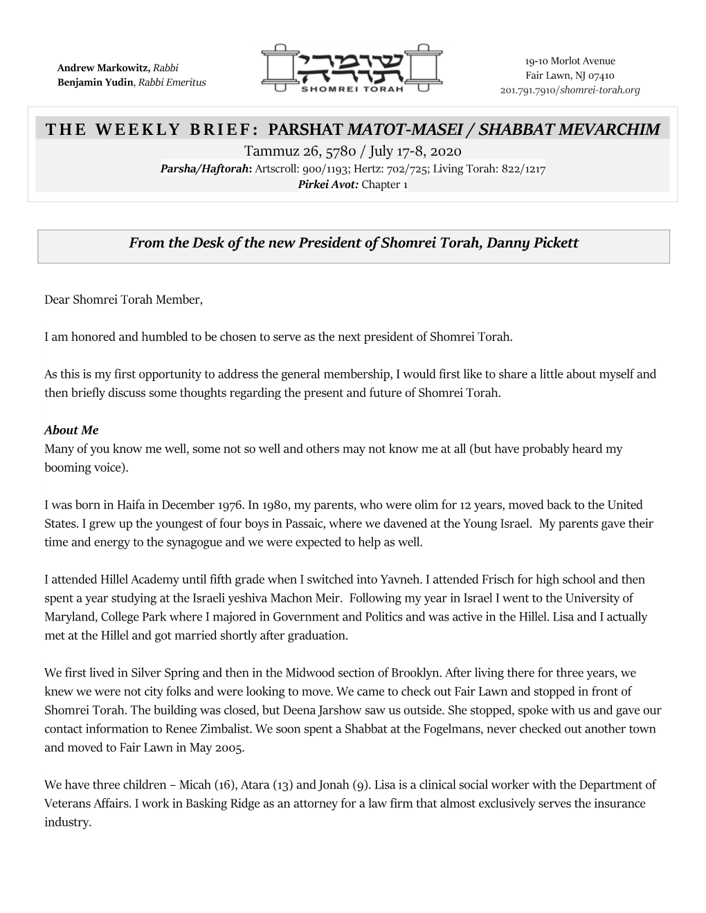 The Weekly Brief: Parshat Matot-Masei / Shabbat