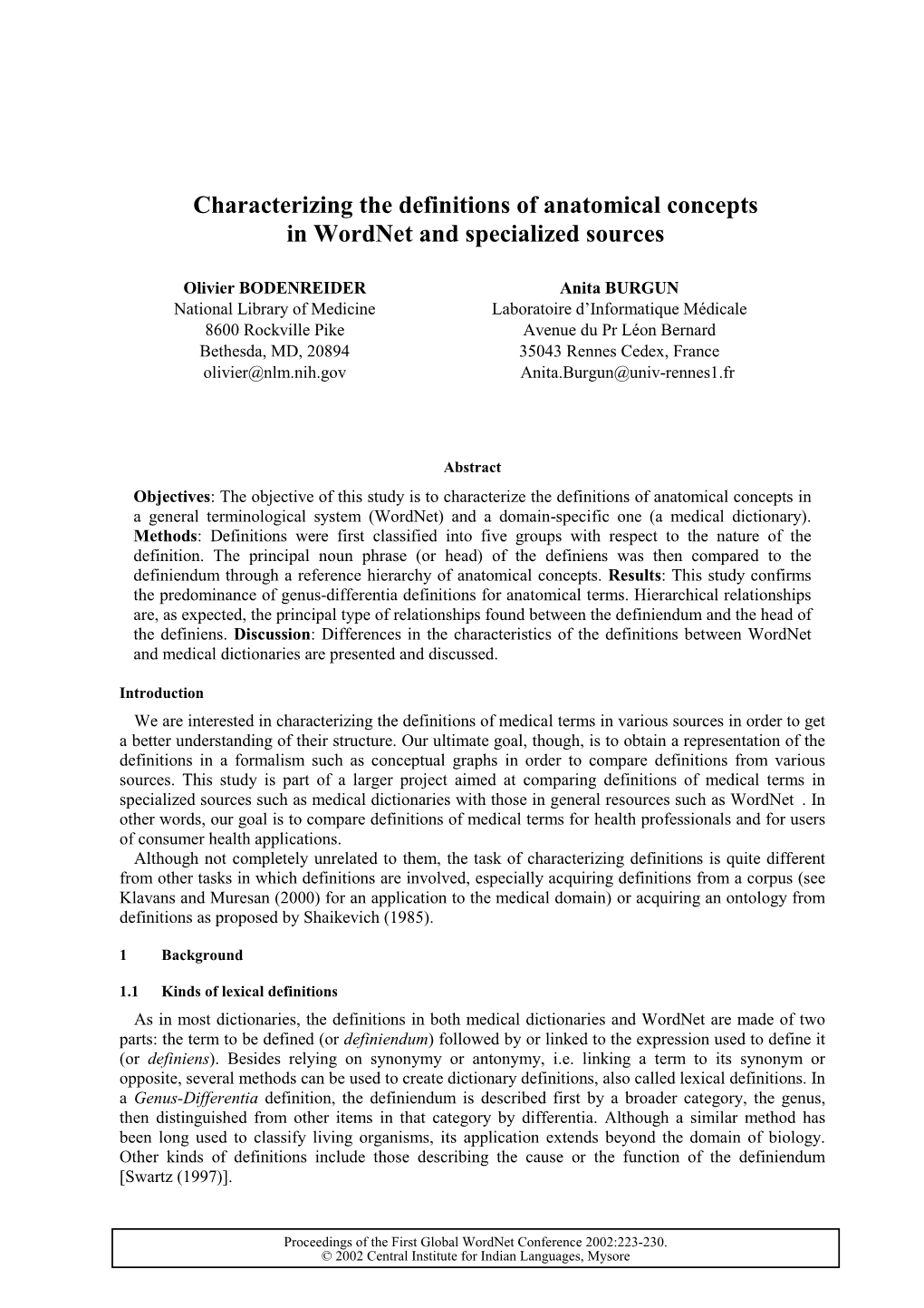 Characterizing the Definitions of Anatomical Concepts in Wordnet and Specialized Sources