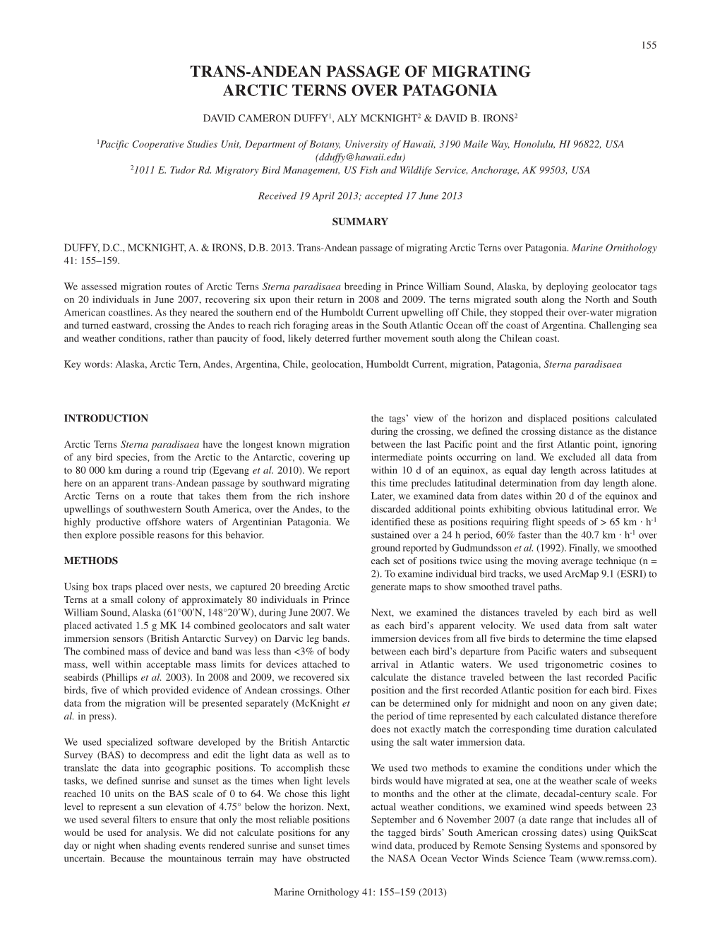 Trans-Andean Passage of Migrating Arctic Terns Over Patagonia