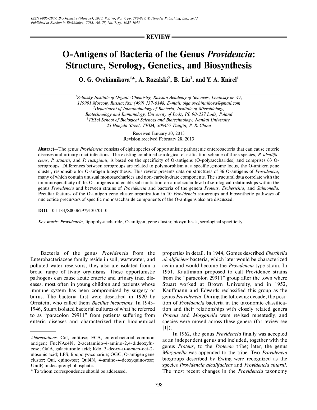 O-Antigens of Bacteria of the Genus Providencia: Structure, Serology, Genetics, and Biosynthesis