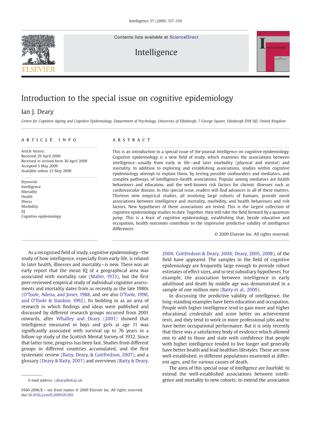 Introduction to the Special Issue on Cognitive Epidemiology