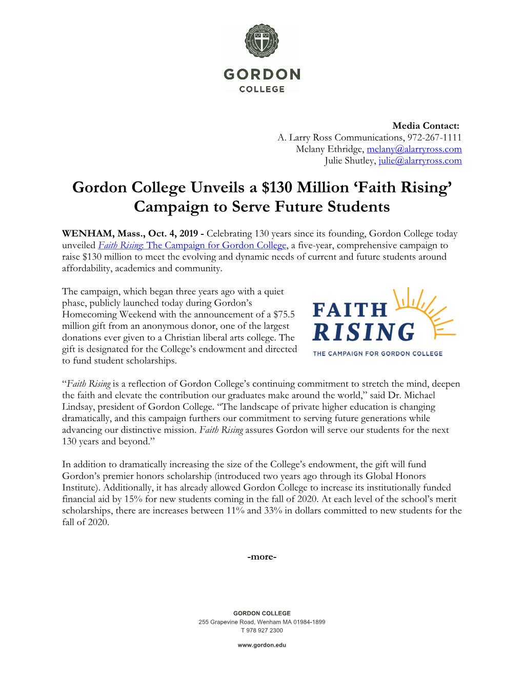 Gordon College Unveils a $130 Million 'Faith Rising' Campaign To