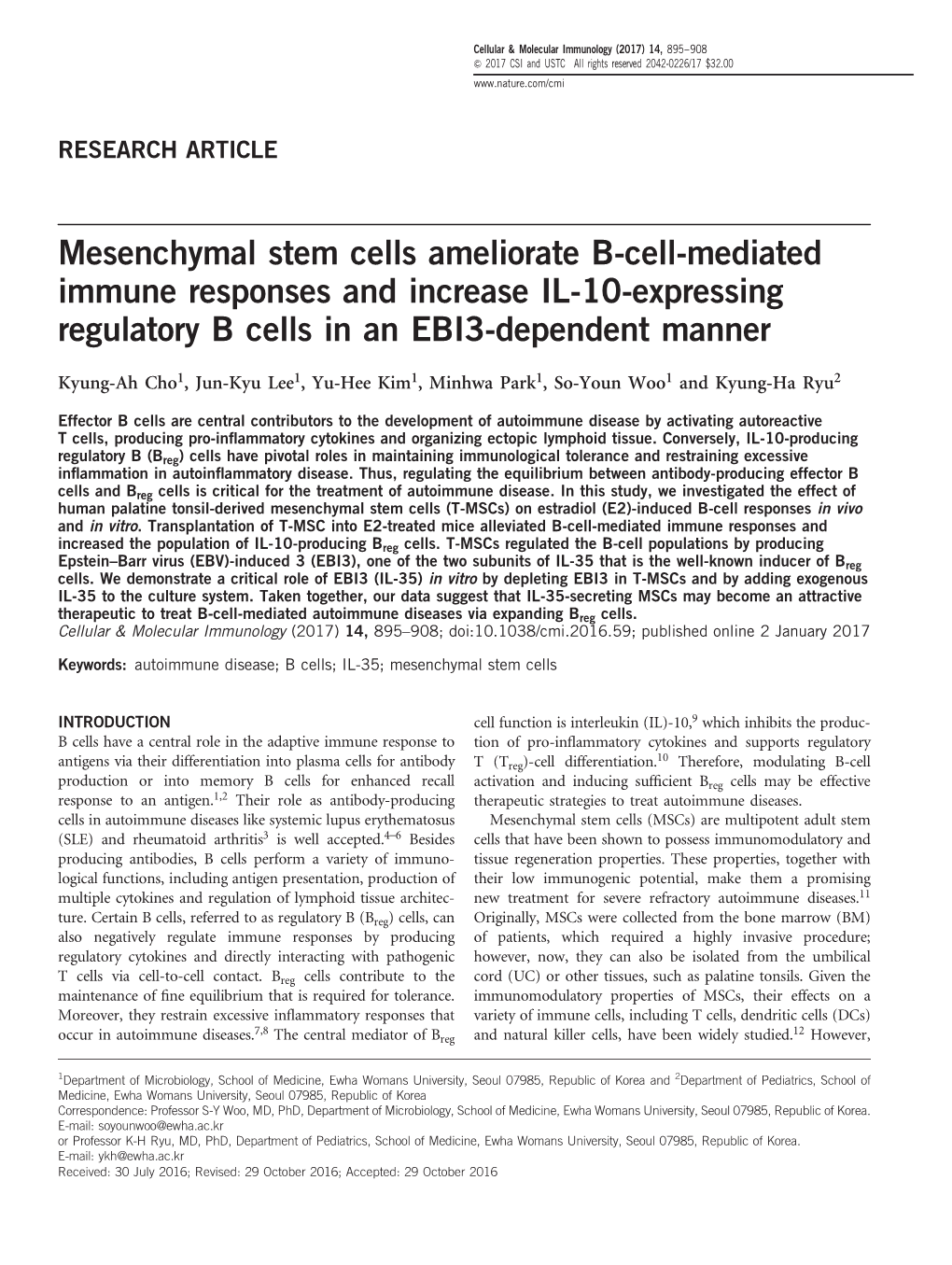 Mesenchymal Stem Cells Ameliorate B-Cell-Mediated Immune Responses and Increase IL-10-Expressing Regulatory B Cells in an EBI3-Dependent Manner