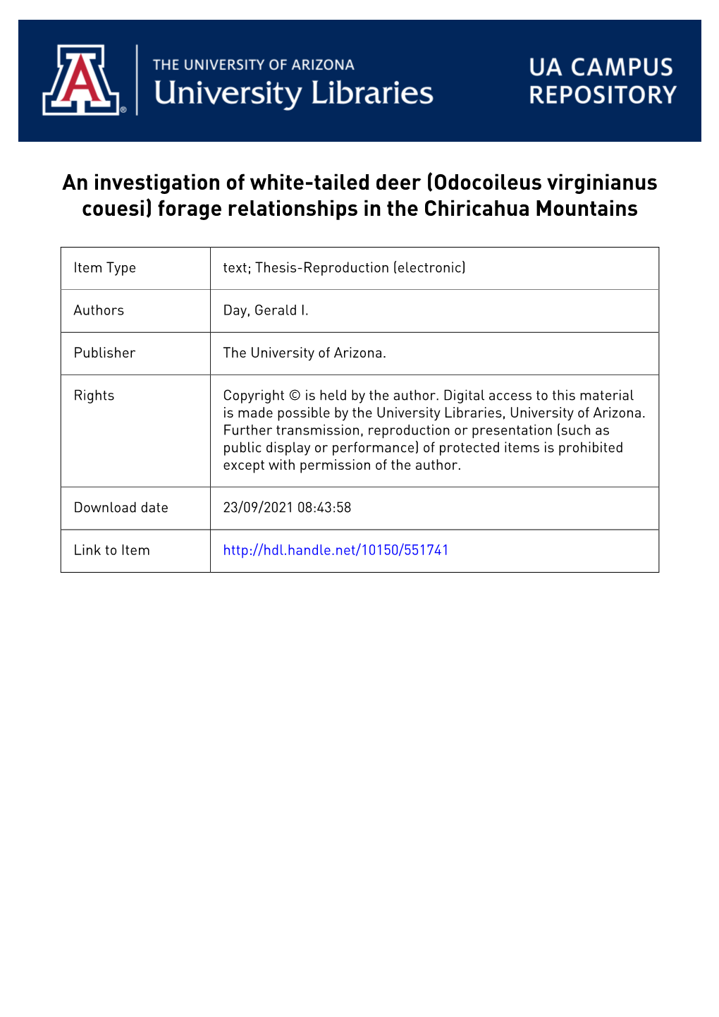 An Investigation of White-Tailed Deer (Odocoileus Virginianus Couesi) Forage Relationships in the Chiricahua Mountains