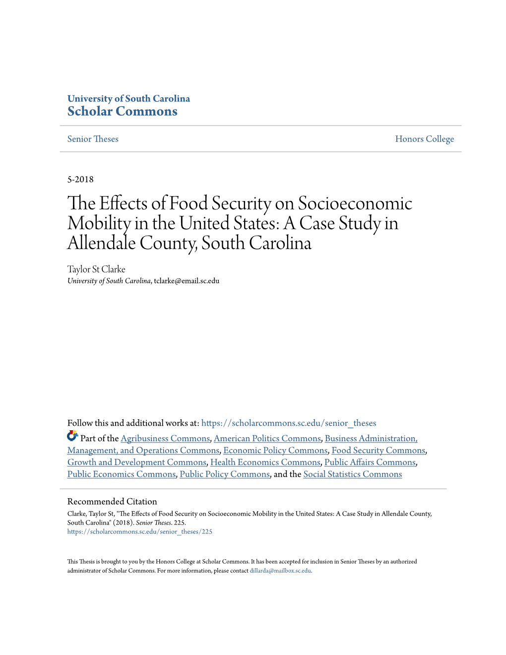 The Effects of Food Security on Socioeconomic Mobility in the United States: a Case Study in Allendale County, South Carolina" (2018)