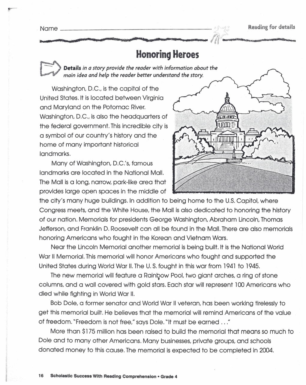 Honoring Heroes ~ Details in a Story Provide the Reader with Information About the L~ Main Idea and Help the Reader Better Understand the Story