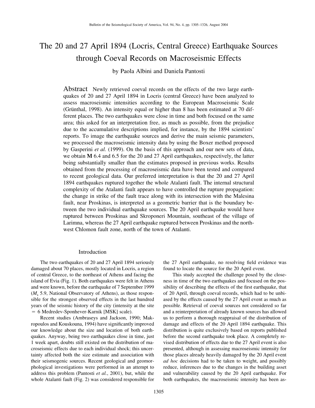 Locris, Central Greece) Earthquake Sources Through Coeval Records on Macroseismic Effects by Paola Albini and Daniela Pantosti