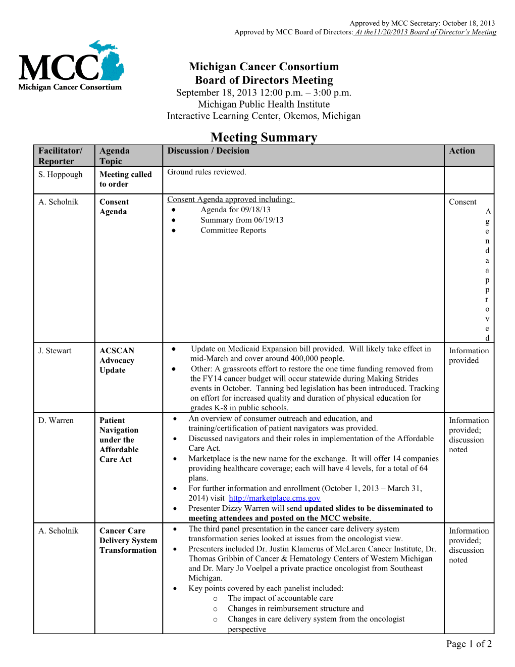 Approved by MCC Board of Directors: at The11/20/2013 Board of Director S Meeting