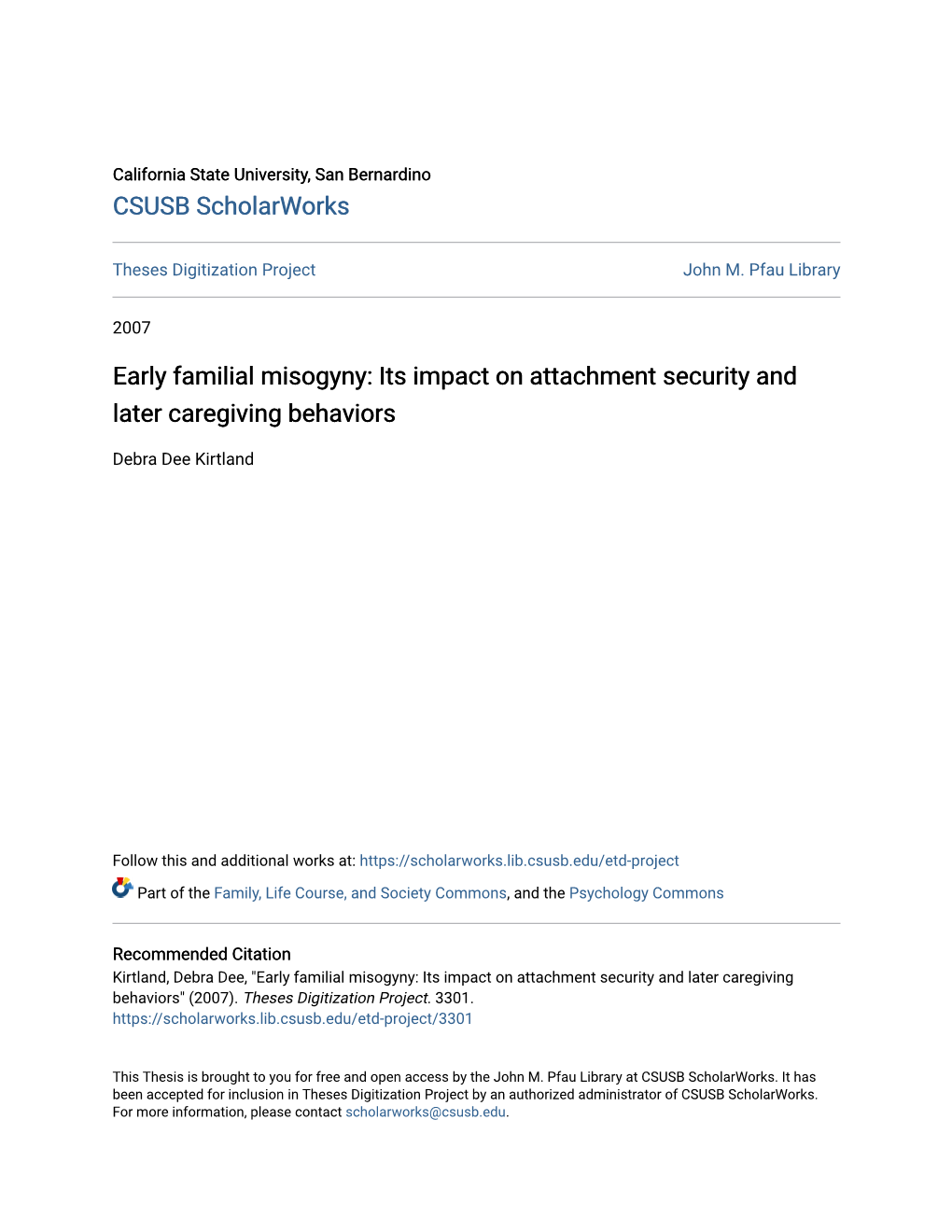 Early Familial Misogyny: Its Impact on Attachment Security and Later Caregiving Behaviors