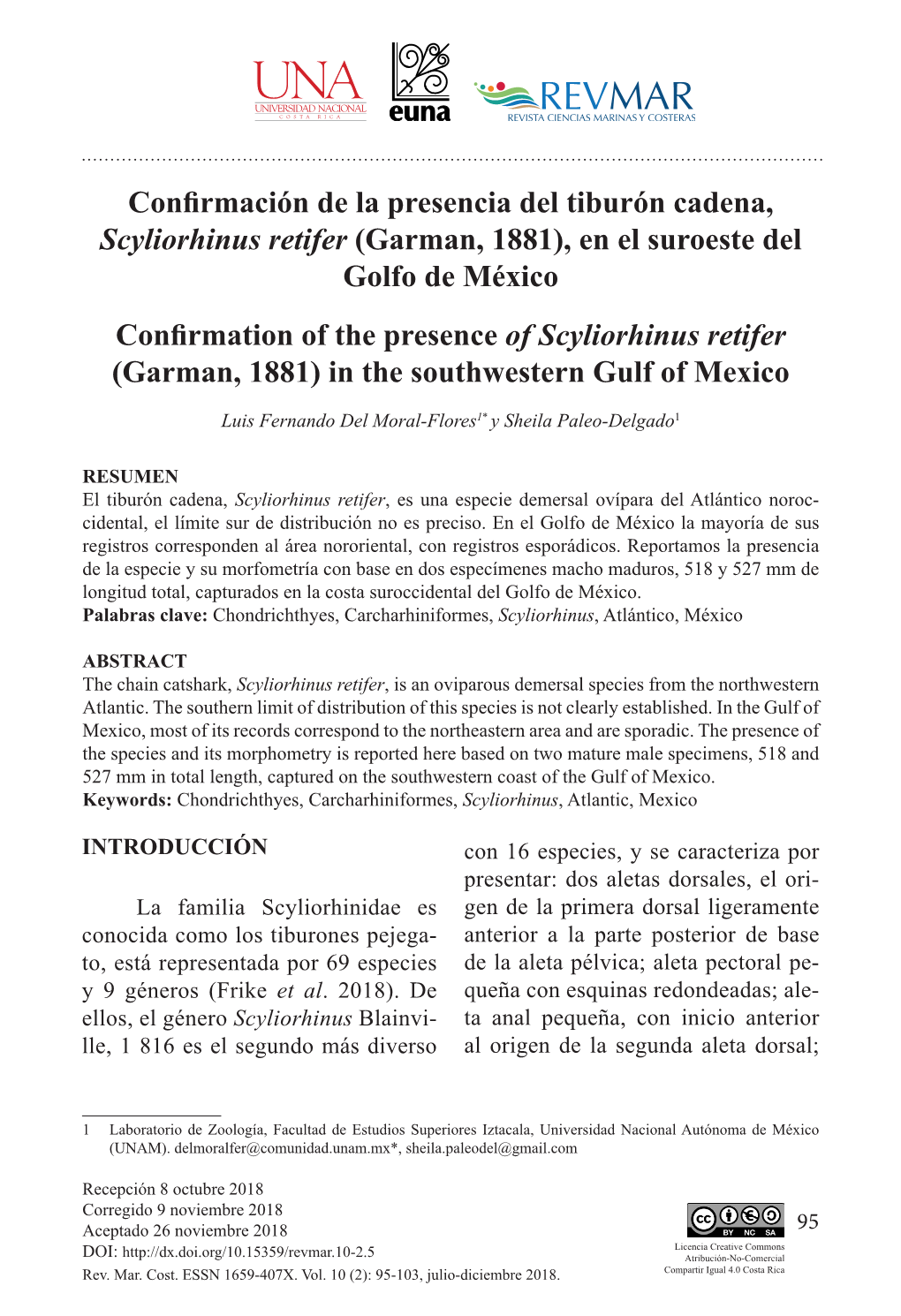 Confirmación De La Presencia Del Tiburón Cadena, Scyliorhinus Retifer