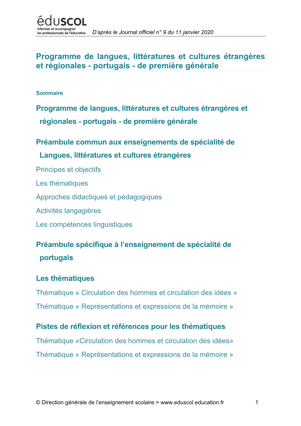 Programme De Langues, Littératures Et Cultures Étrangères Et Régionales - Portugais - De Première Générale