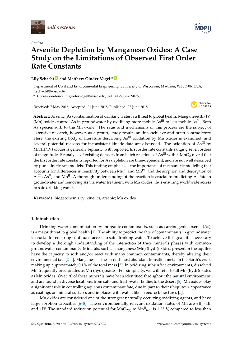 Arsenite Depletion by Manganese Oxides: a Case Study on the Limitations of Observed First Order Rate Constants