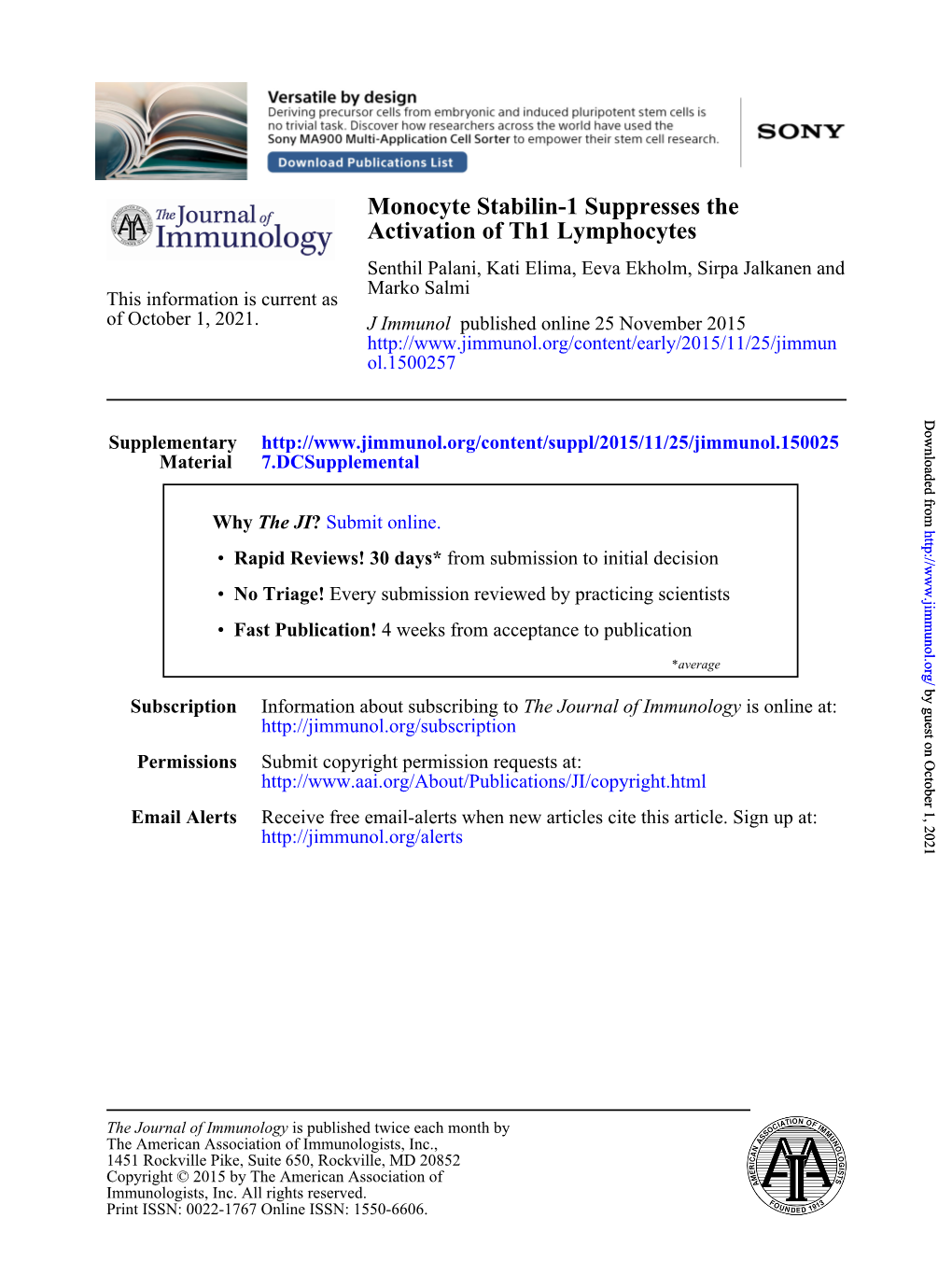 Activation of Th1 Lymphocytes Monocyte Stabilin-1 Suppresses