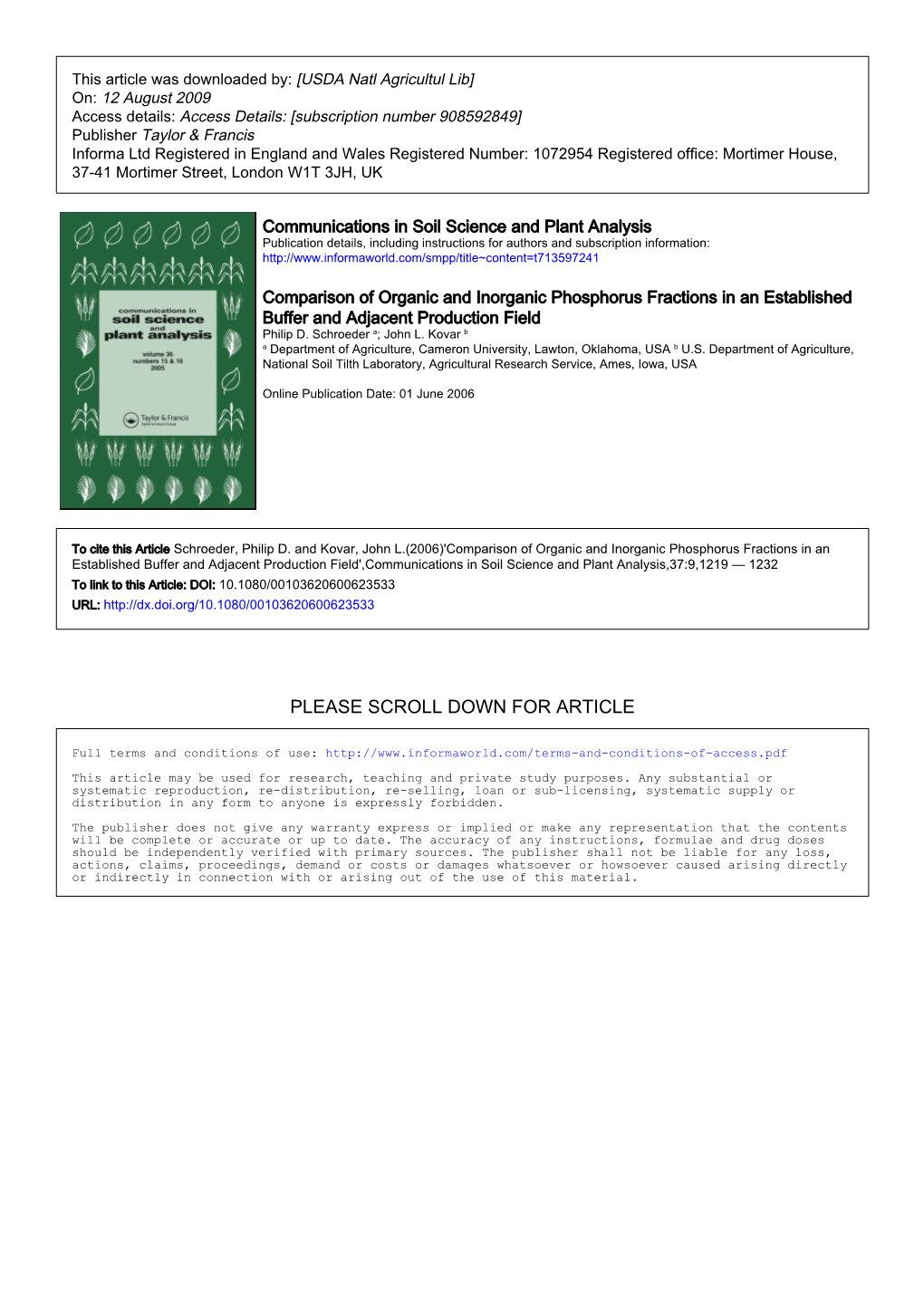 Comparison of Organic and Inorganic Phosphorus Fractions in an Established Buffer and Adjacent Production Field Philip D