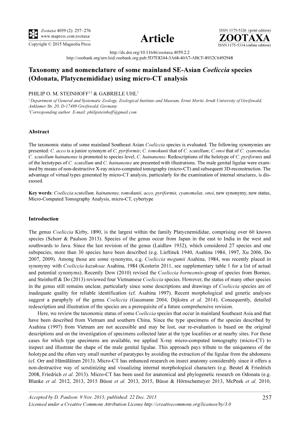 Taxonomy and Nomenclature of Some Mainland SE-Asian Coeliccia Species (Odonata, Platycnemididae) Using Micro-CT Analysis