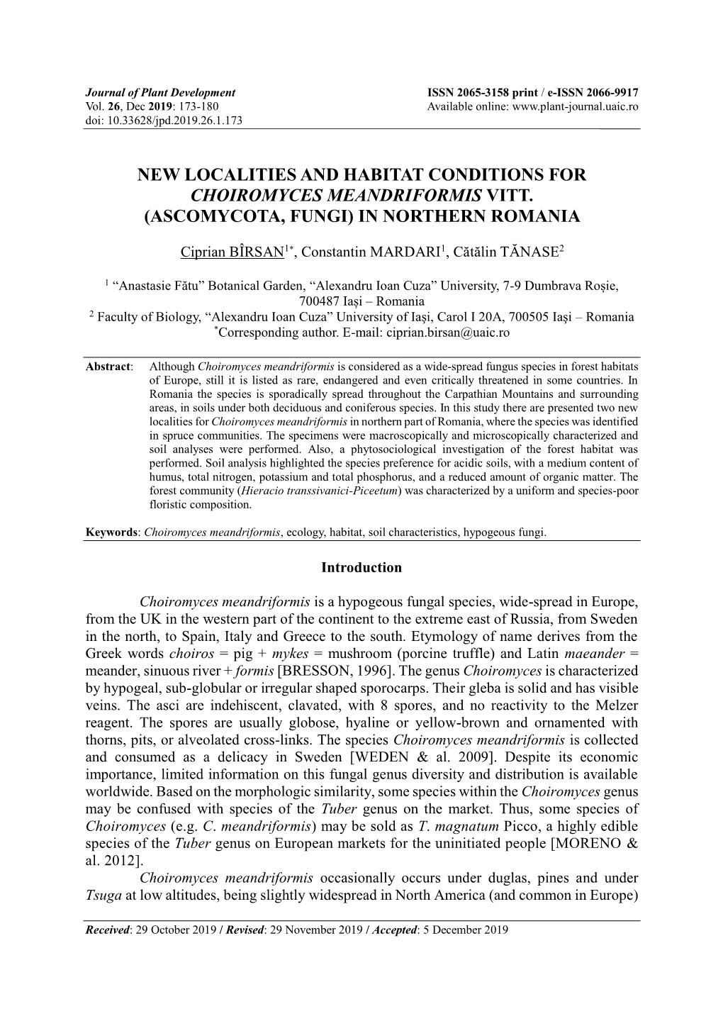 New Localities and Habitat Conditions for Choiromyces Meandriformis Vitt