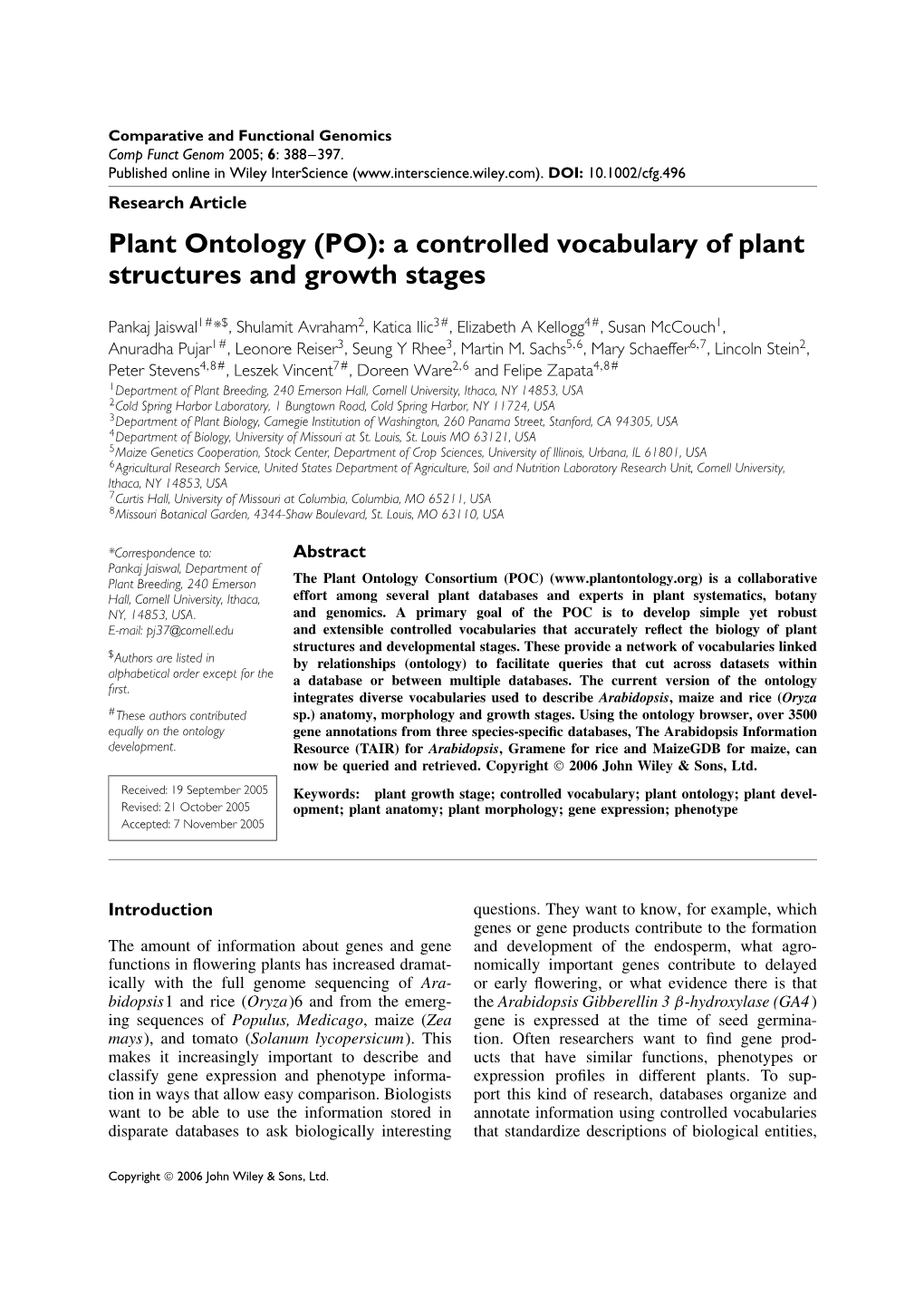Plant Ontology (PO): a Controlled Vocabulary of Plant Structures and Growth Stages