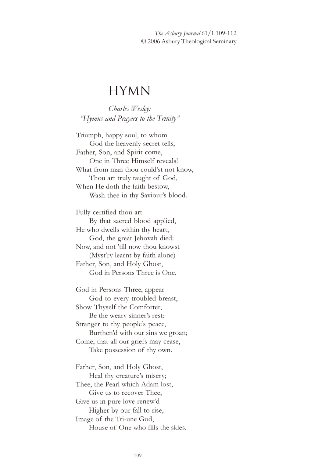 Charles Wesley's Hymn and Prayer to the Trinity