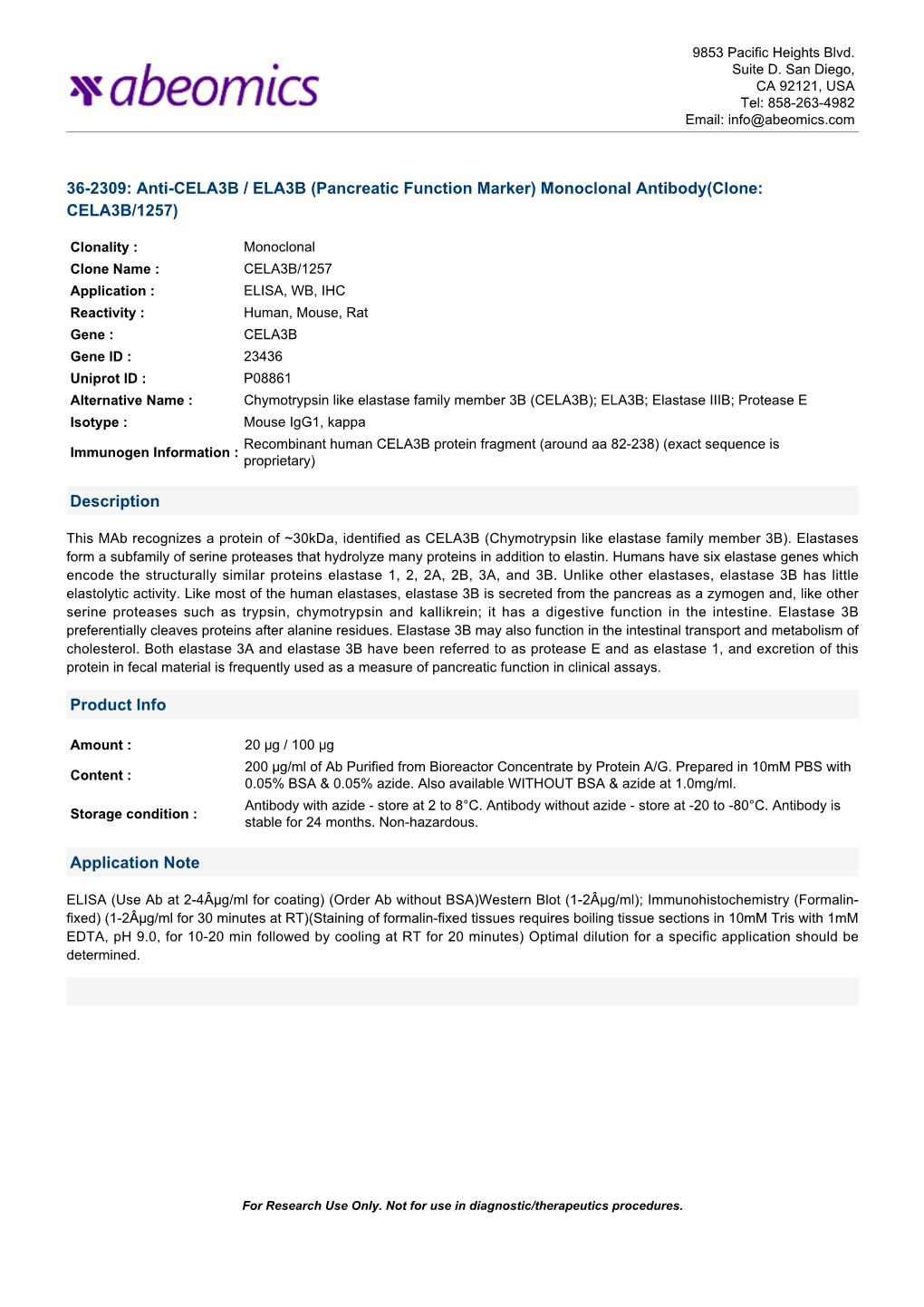 Monoclonal Antibody(Clone: CELA3B/1257)