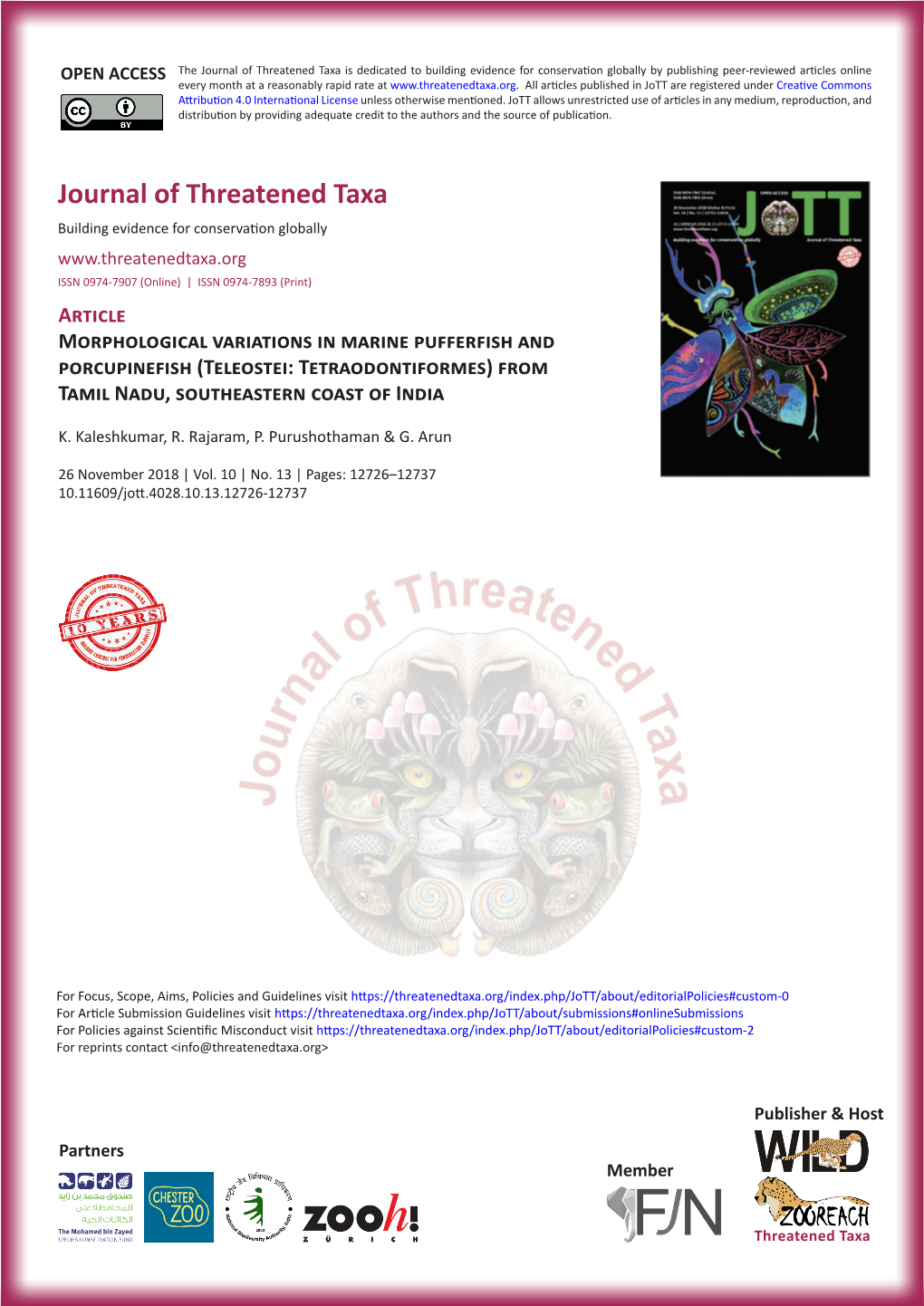 Morphological Variations in Marine Pufferfish and Porcupinefish (Teleostei: Tetraodontiformes) from Tamil Nadu, Southeastern Coast of India