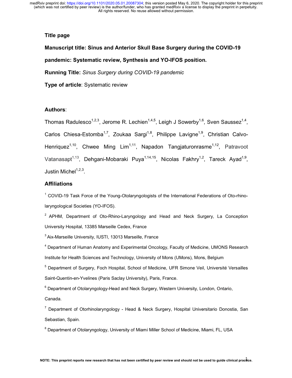 Sinus and Anterior Skull Base Surgery During the COVID-19 Pandemic