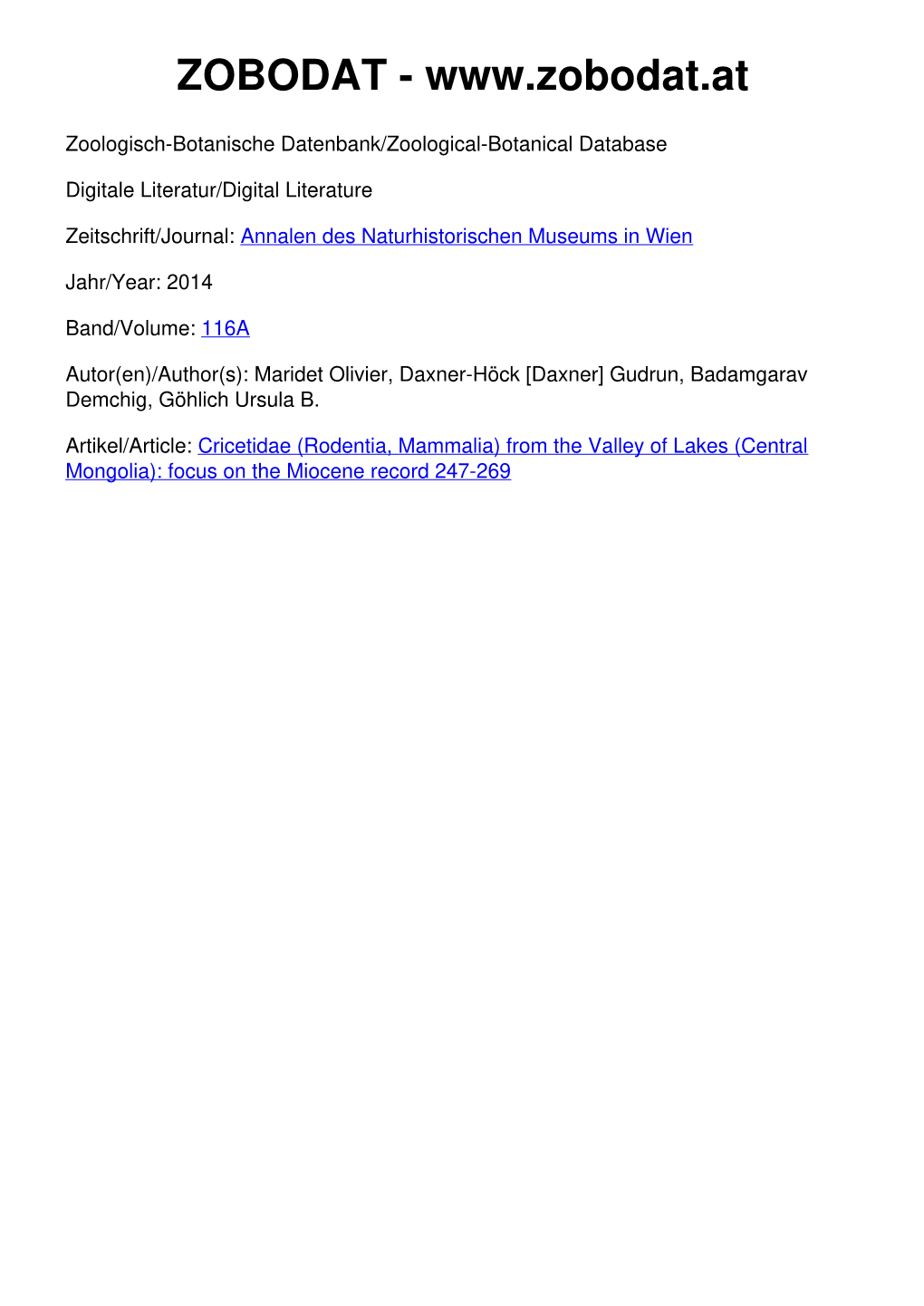 Rodentia, Mammalia) from the Valley of Lakes (Central Mongolia): Focus on the Miocene Record 247-269 ©Naturhistorisches Museum Wien, Download Unter