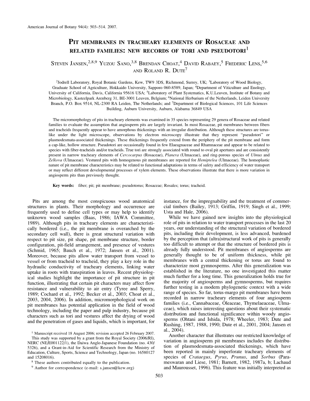 Pit Membranes in Tracheary Elements of Rosaceae and Related Families: New Records of Tori and Pseudotori1