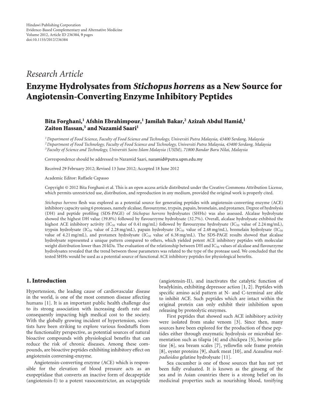 Enzyme Hydrolysates from Stichopus Horrens As a New Source for Angiotensin-Converting Enzyme Inhibitory Peptides