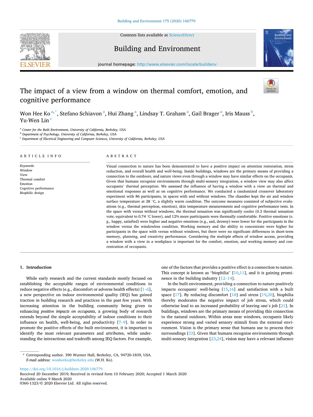 The Impact of a View from a Window on Thermal Comfort, Emotion, and Cognitive Performance