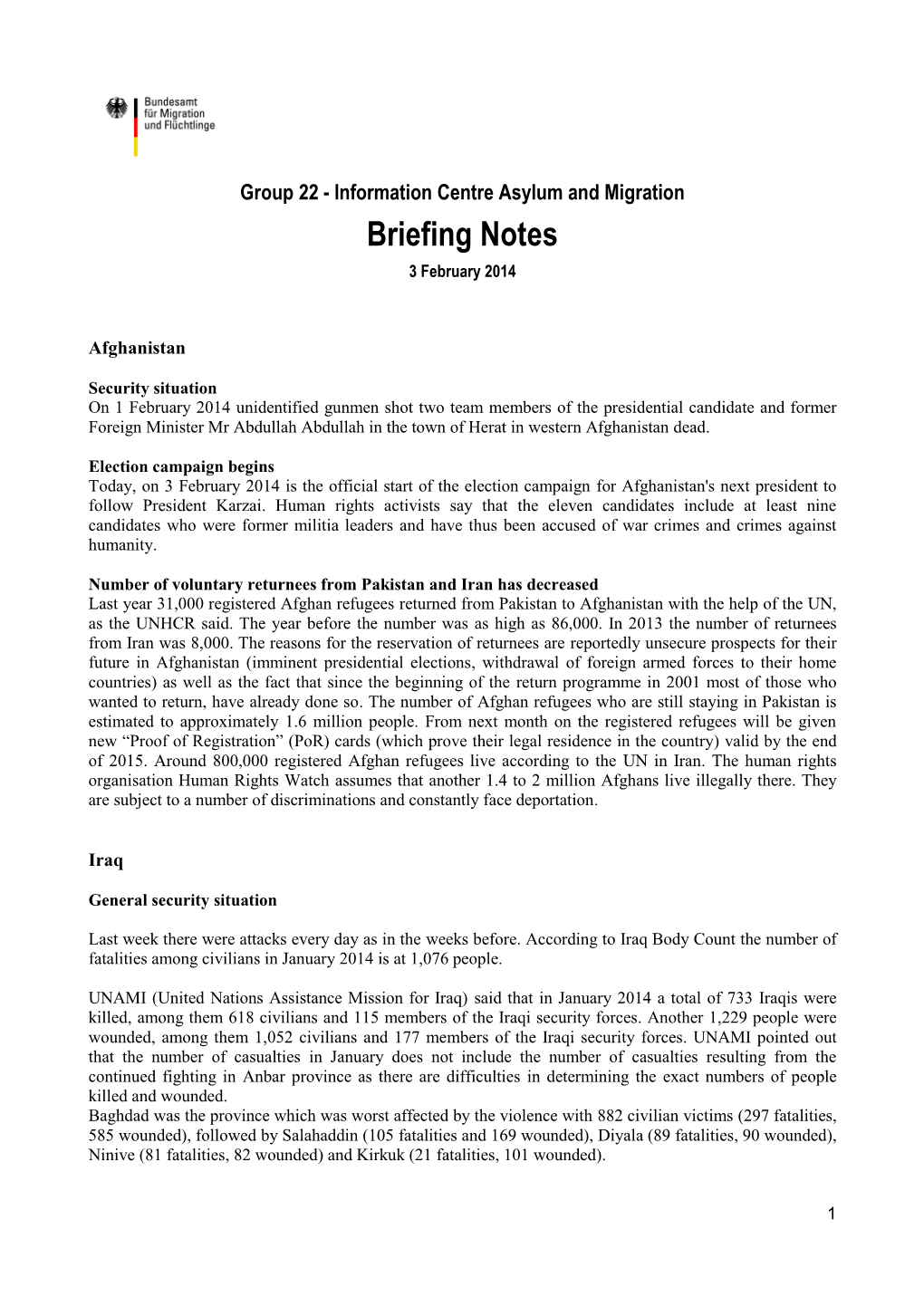 Briefing Notes 3 February 2014