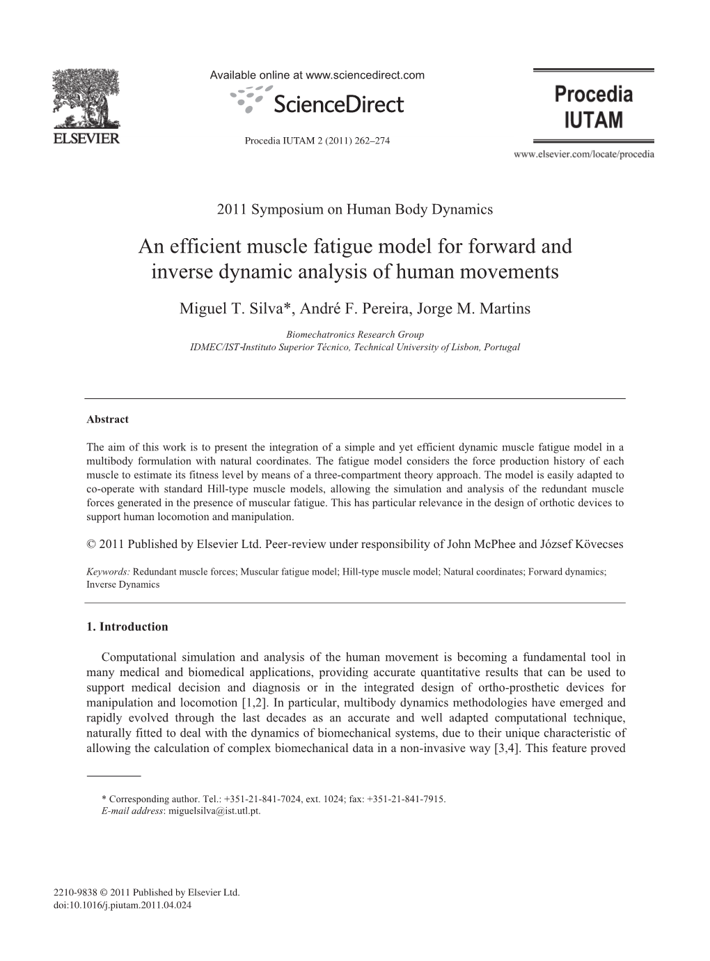 An Efficient Muscle Fatigue Model for Forward and Inverse Dynamic Analysis of Human Movements