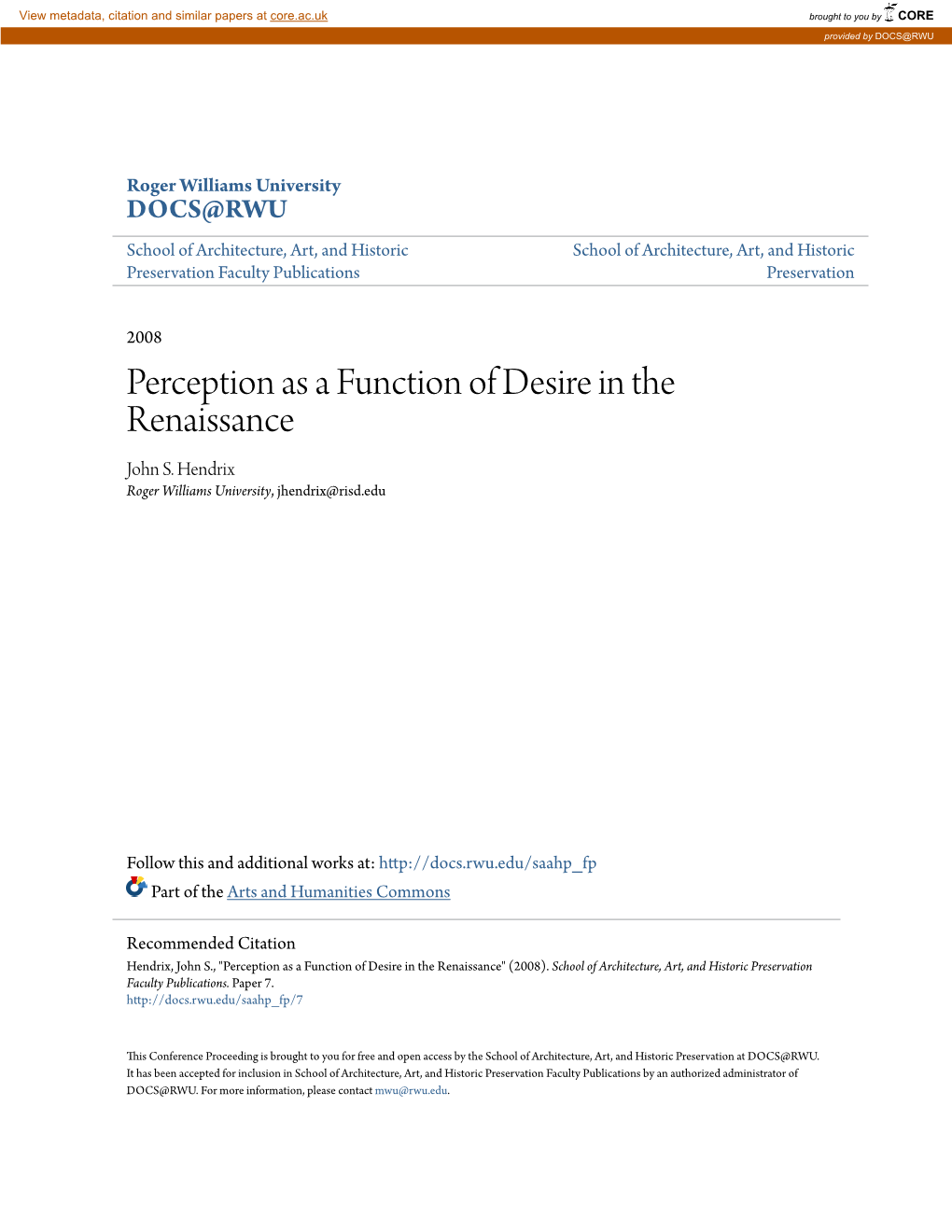 Perception As a Function of Desire in the Renaissance John S