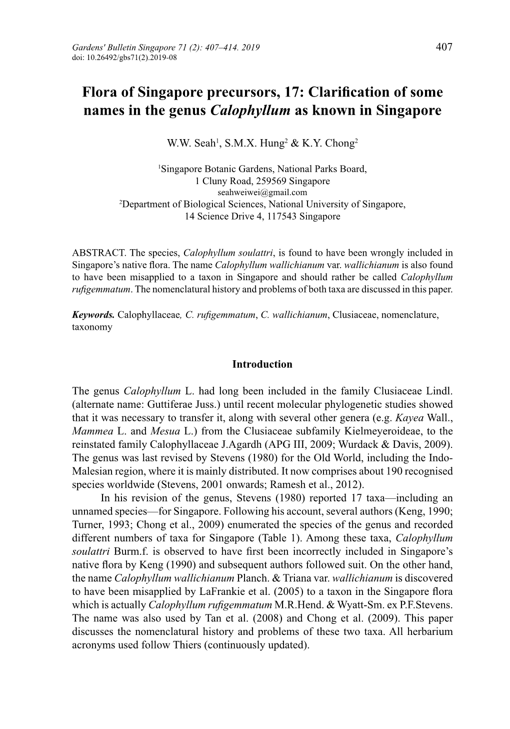 Flora of Singapore Precursors, 17: Clarification of Some Names in the Genus Calophyllum As Known in Singapore