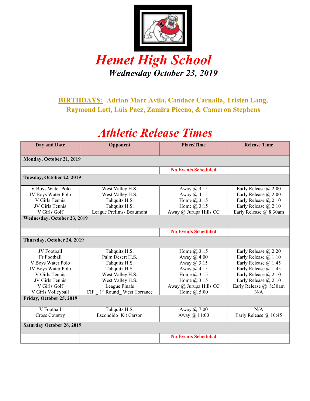 Hemet High School Wednesday October 23, 2019