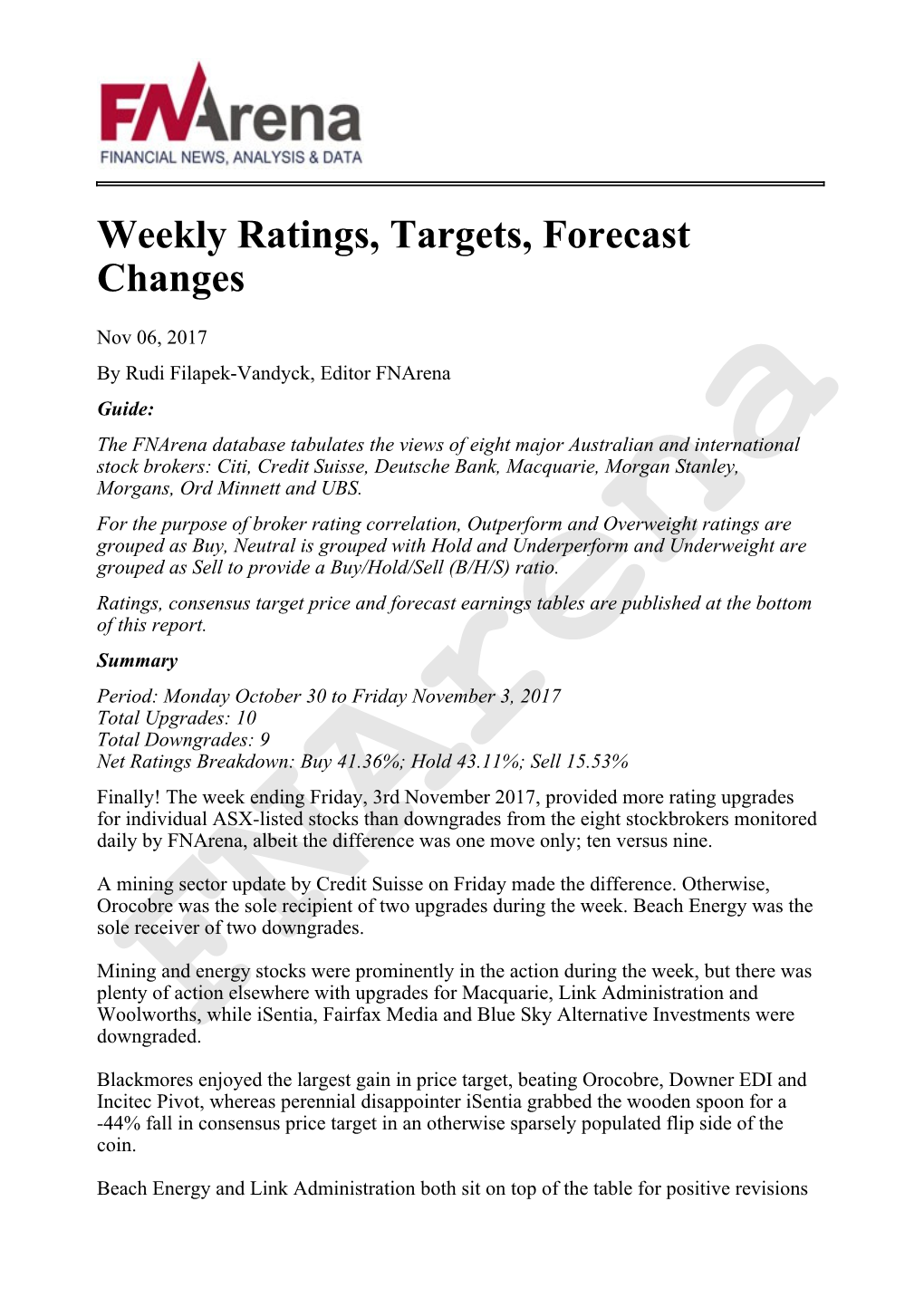 Weekly Ratings, Targets, Forecast Changes