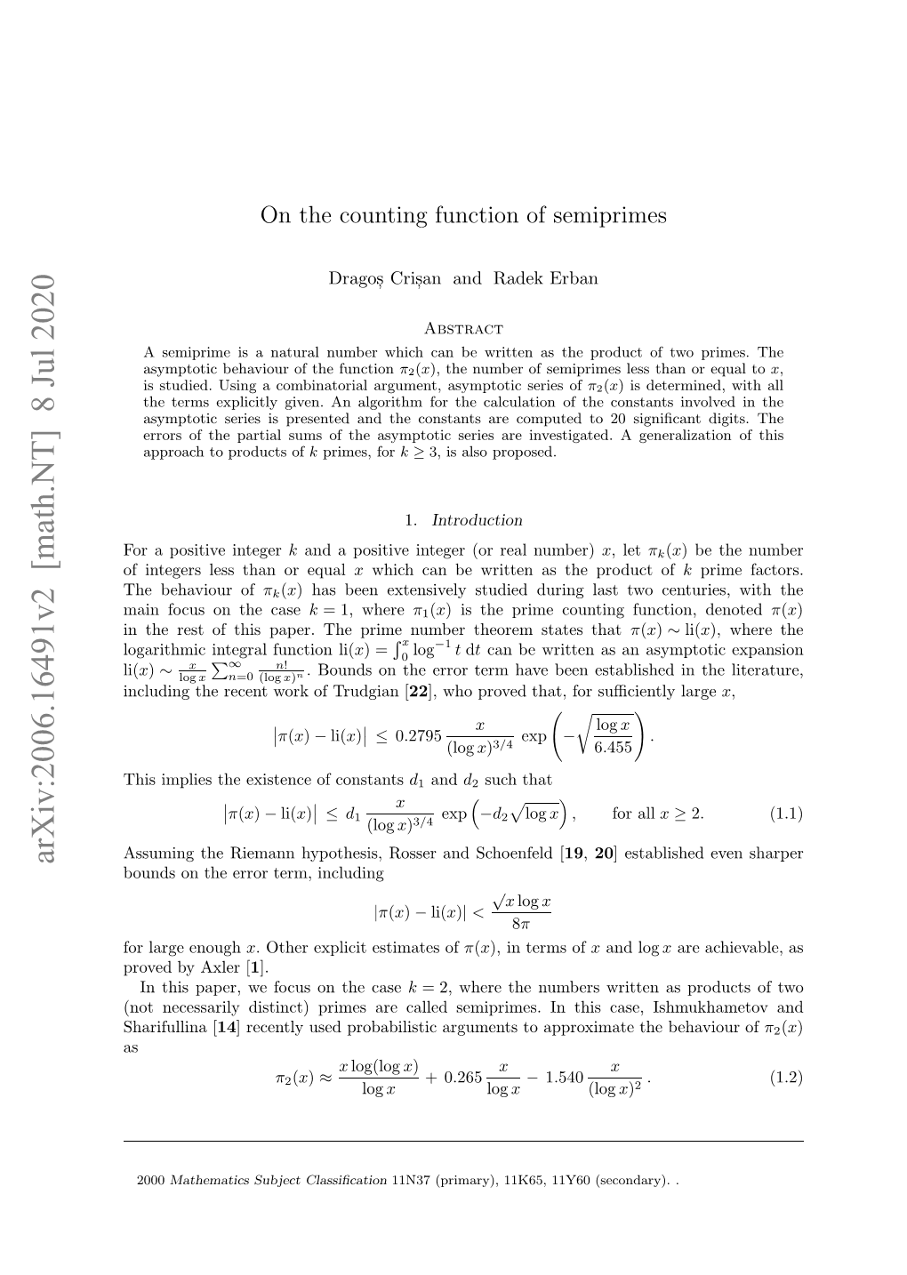 Arxiv:2006.16491V2 [Math.NT] 8 Jul 2020 Li( Oaihi Nerlfnto Li( Function Integral Logarithmic Nters Fti Ae.Tepienme Hoe Ttsthat States Theorem Number Prime the Paper