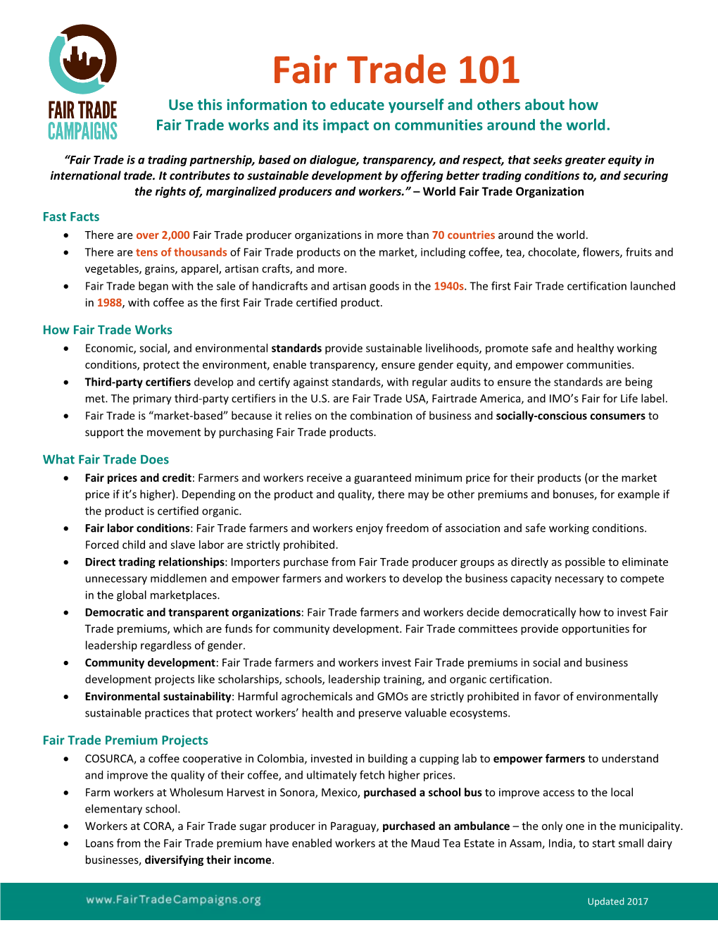 Fair Trade 101 Use This Information to Educate Yourself and Others About How Fair Trade Works and Its Impact on Communities Around the World