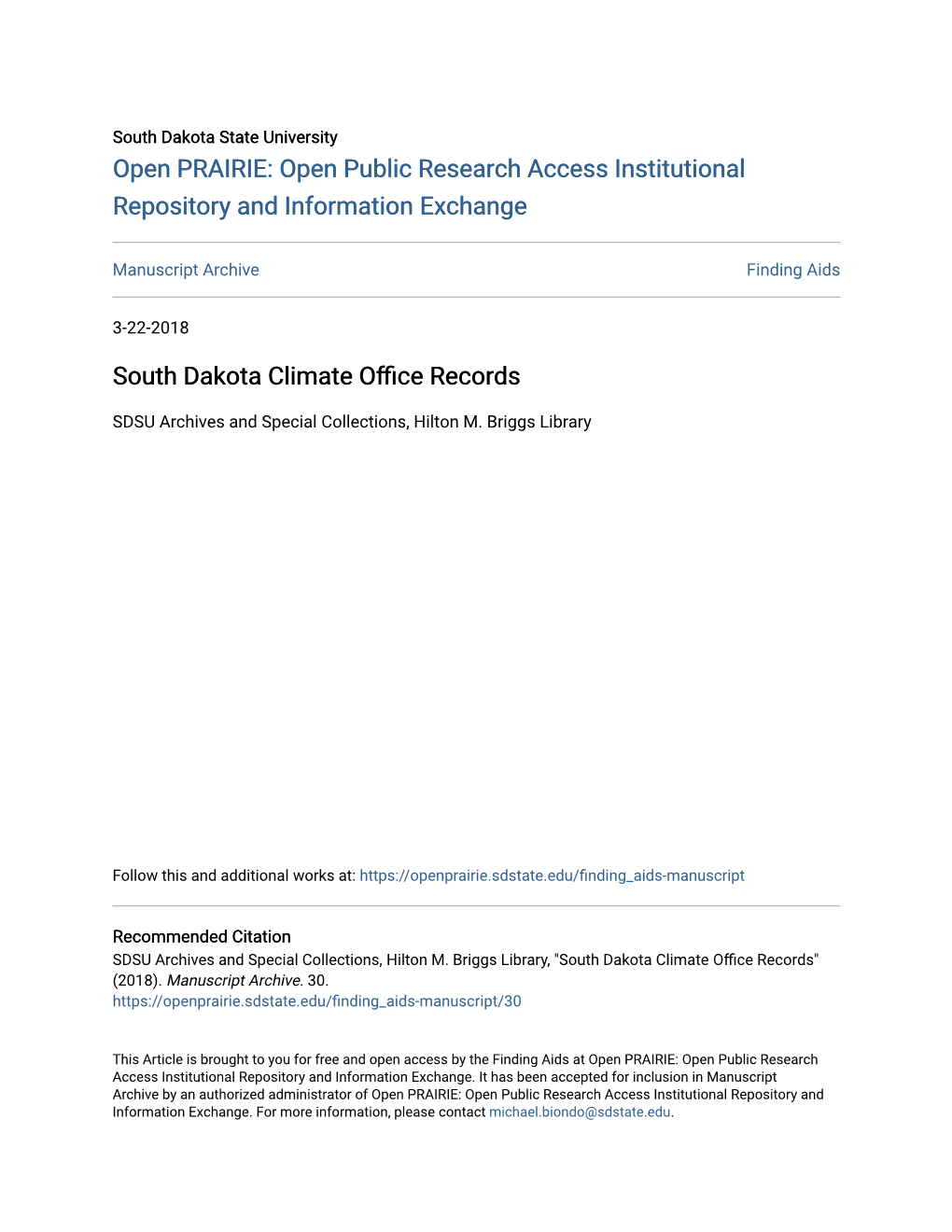 South Dakota Climate Office Records