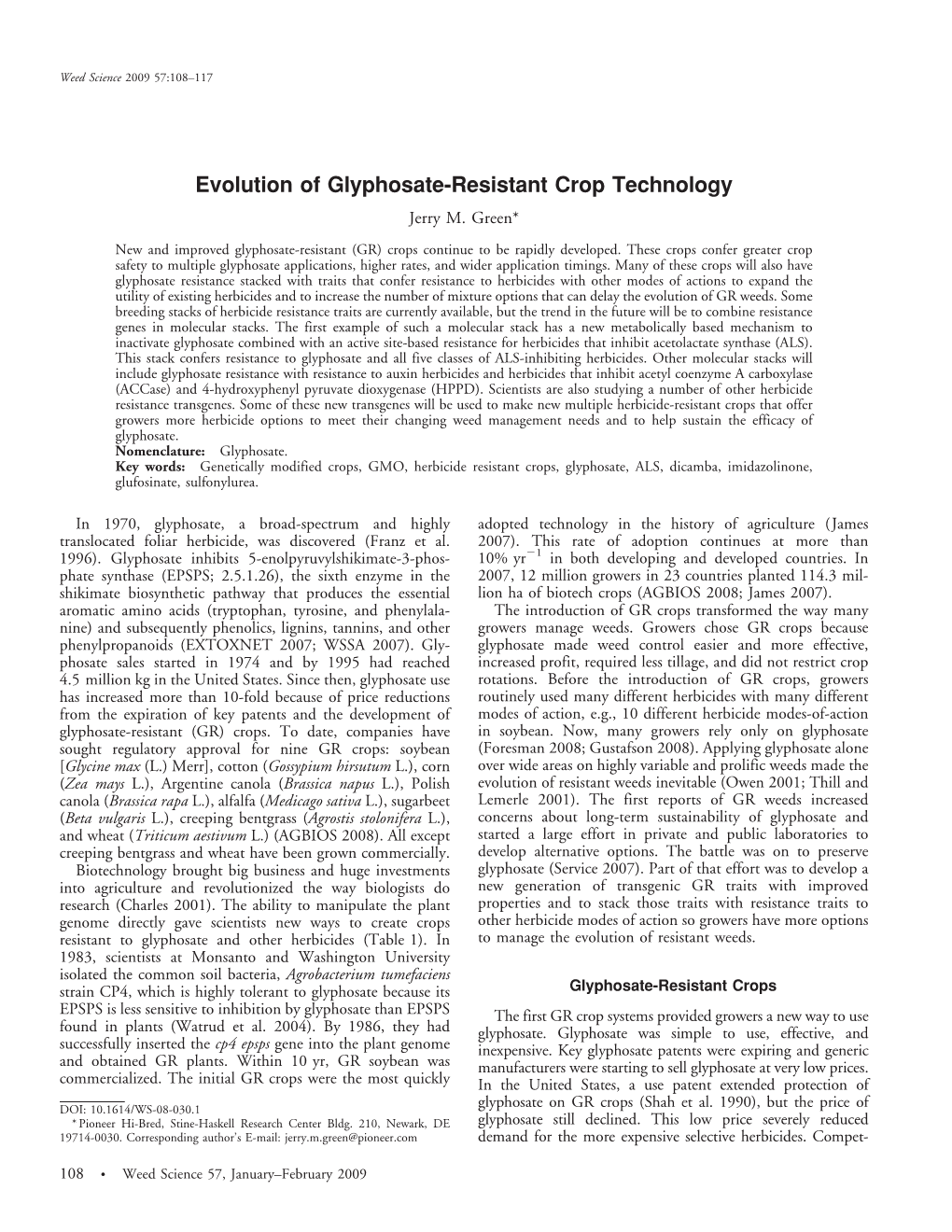 Evolution of Glyphosate-Resistant Crop Technology Jerry M
