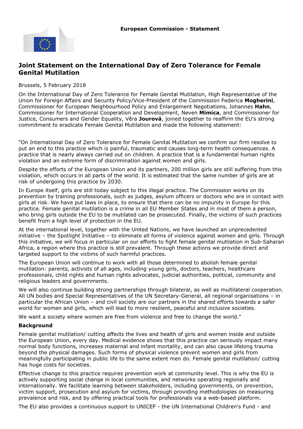 Joint Statement on the International Day of Zero Tolerance for Female Genital Mutilation
