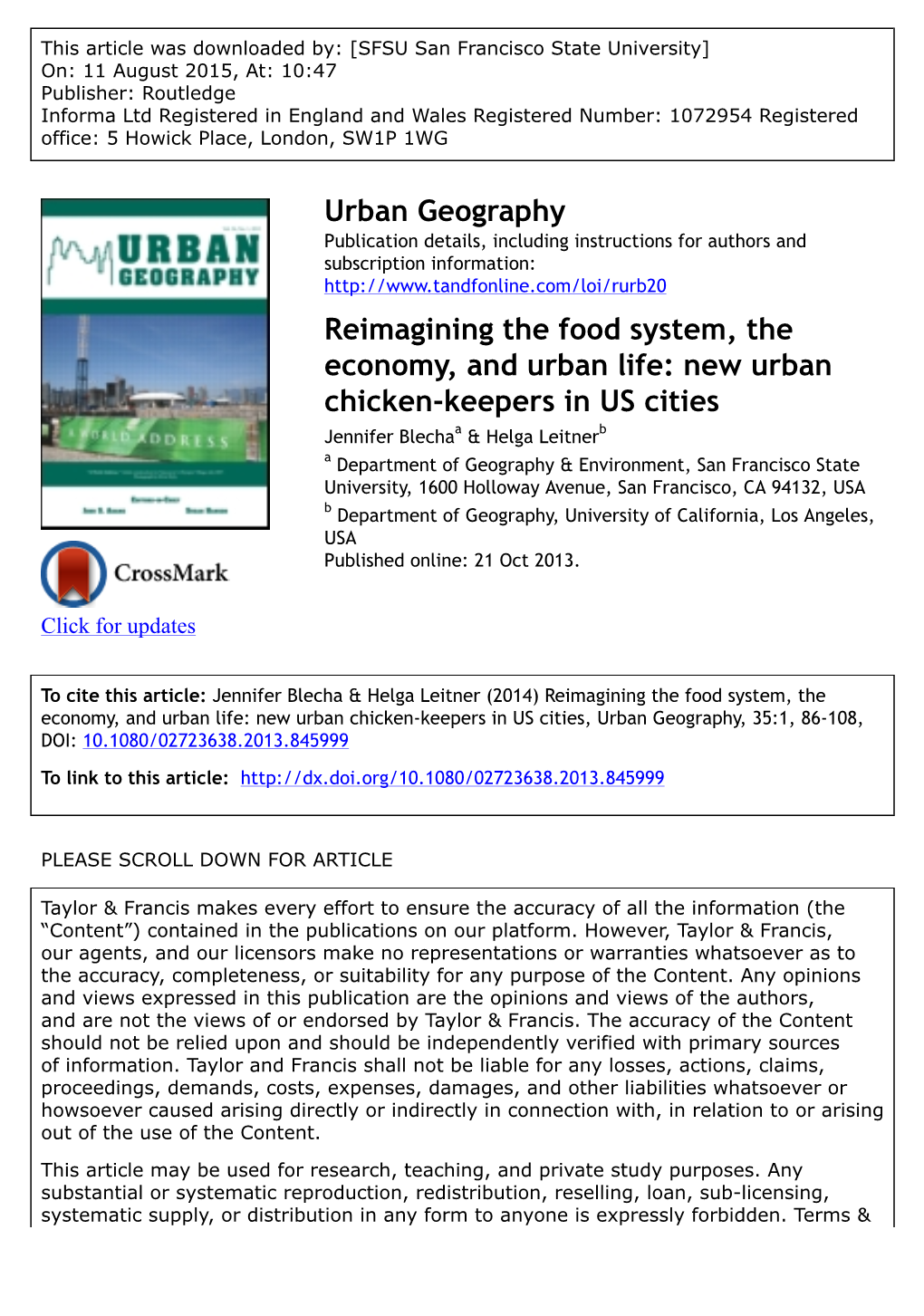 Reimagining the Food System, the Economy, and Urban Life: New Urban Chicken-Keepers in US Cities