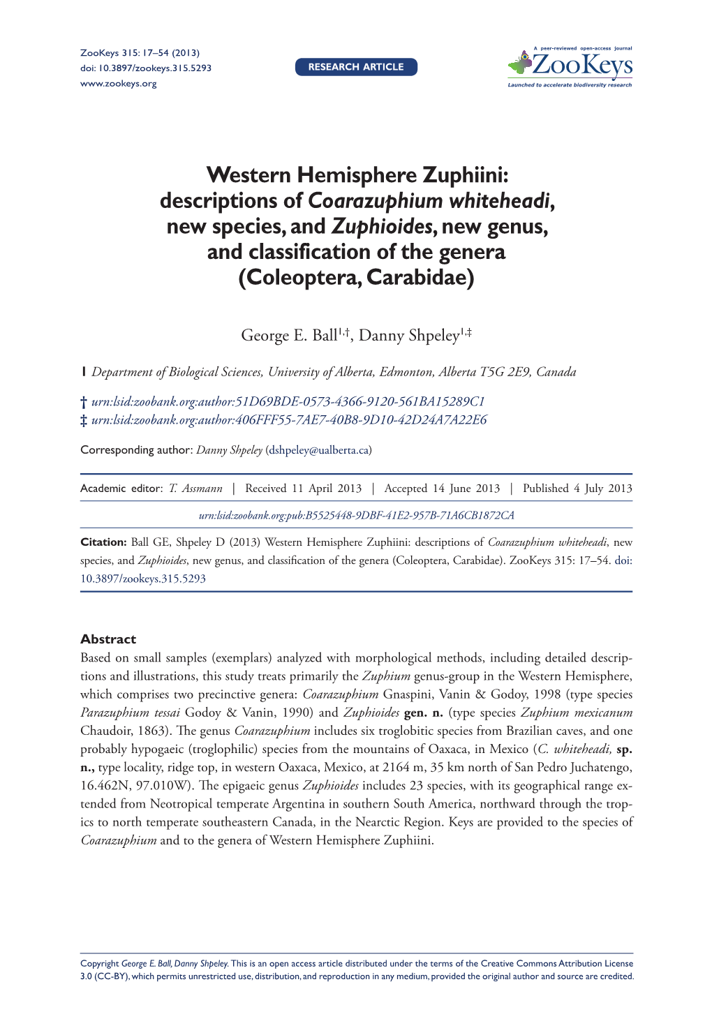 Western Hemisphere Zuphiini: Descriptions of Coarazuphium Whiteheadi, New Species, and Zuphioides, New Genus, and Classification of the Genera (Coleoptera, Carabidae)