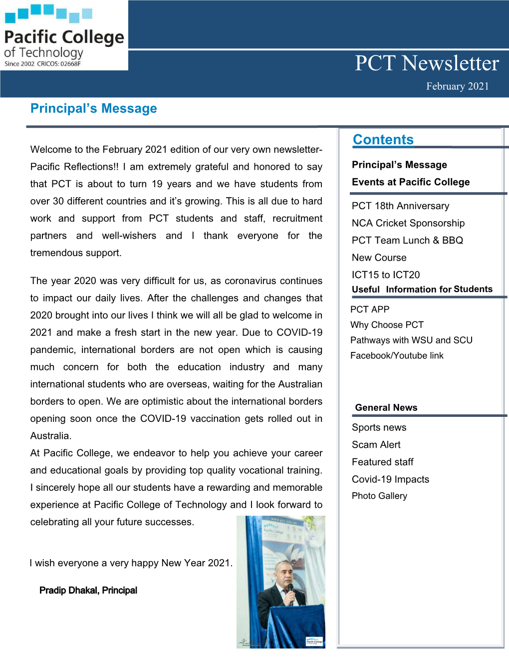 News Letter PCT Newsletter February 2021 Principal’S Message